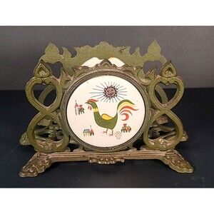 Vintage Olive Green Cast Iron Napkin Holder Farmhouse Kitchen Cottage Rooster